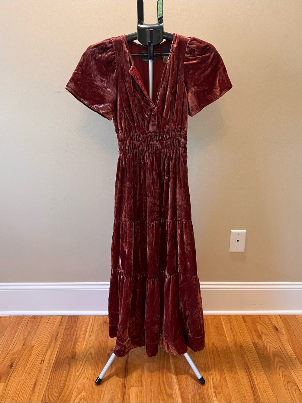 Anthropologie Velvet Tiered Somerset Maxi Dress in Rust Red - Picture 2 of 3